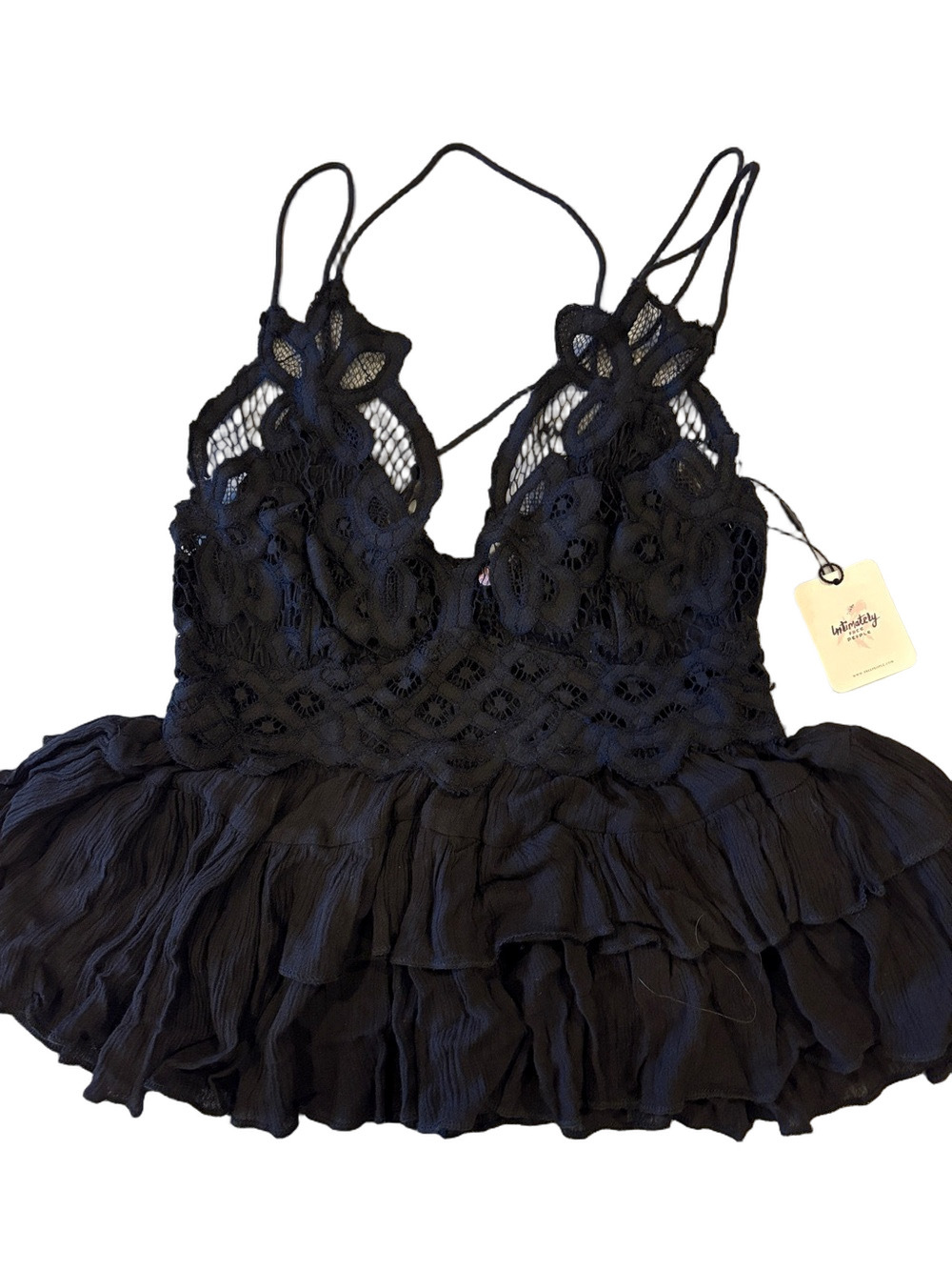 NWT Free People Intimately Black Lace Smocked Tiered Cami Top | Size XS